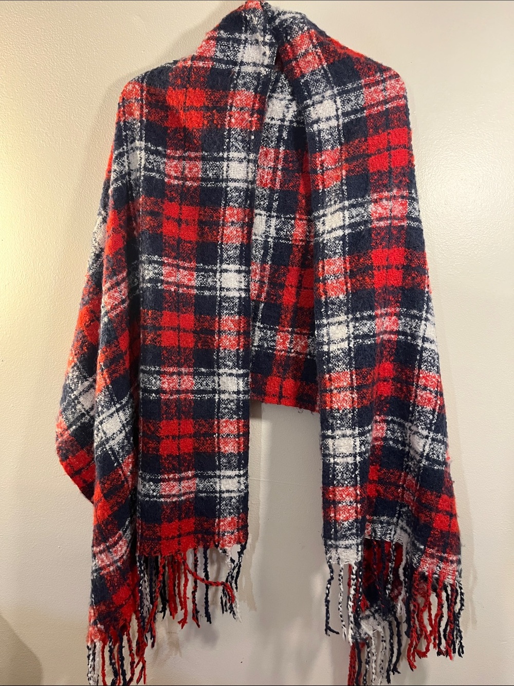 aerie Red Navy White Plaid Fringe Scarf Wrap
